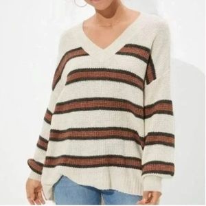 American Eagle Striped Oversized V-Neck Long Sleeve Knit Sweater Top